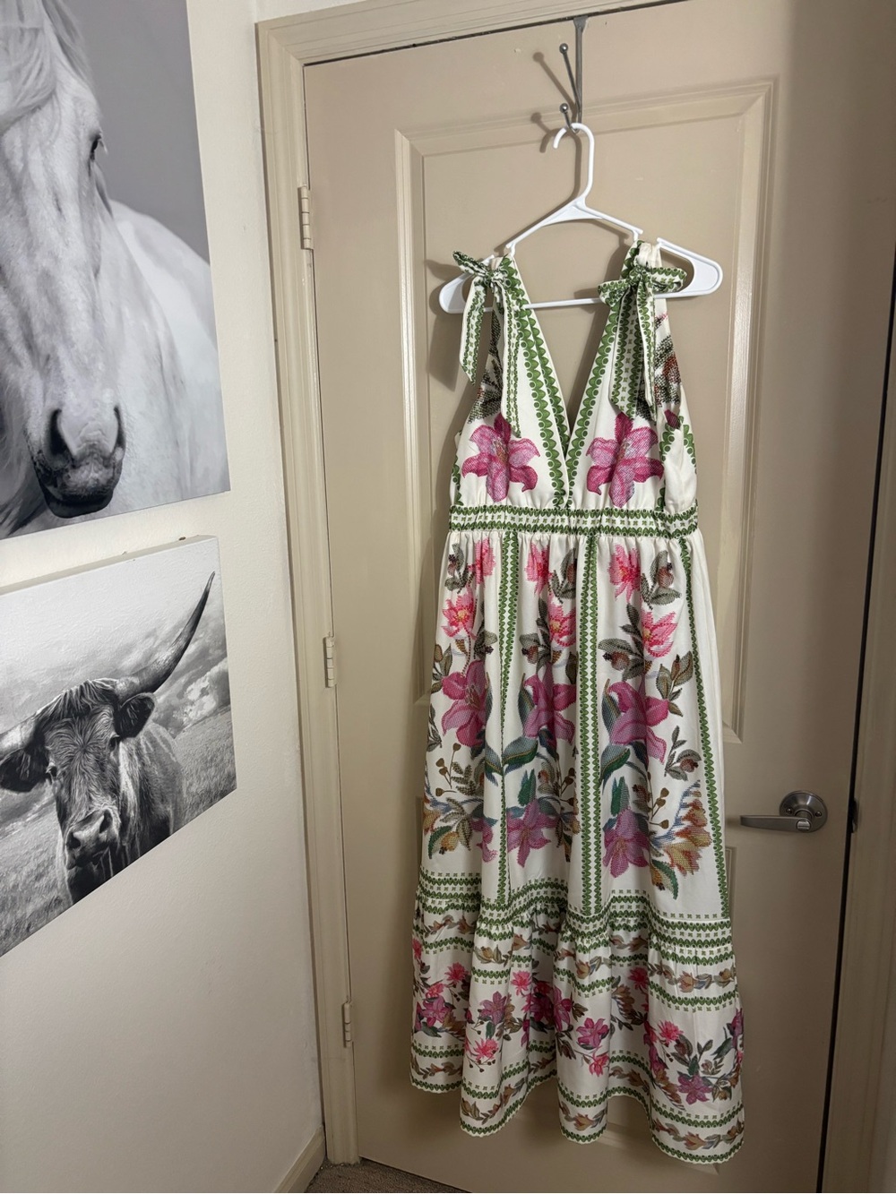 Women’s Floral Tie-Shoulder Maxi Dress - White & Pink